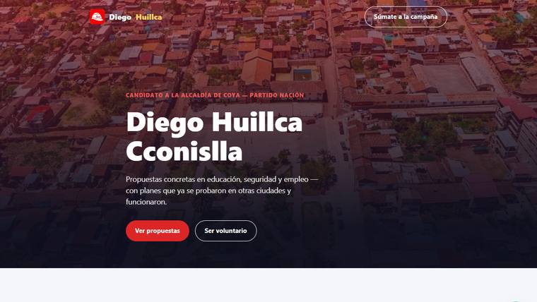Vista previa de la página web de campaña de Diego Huillca