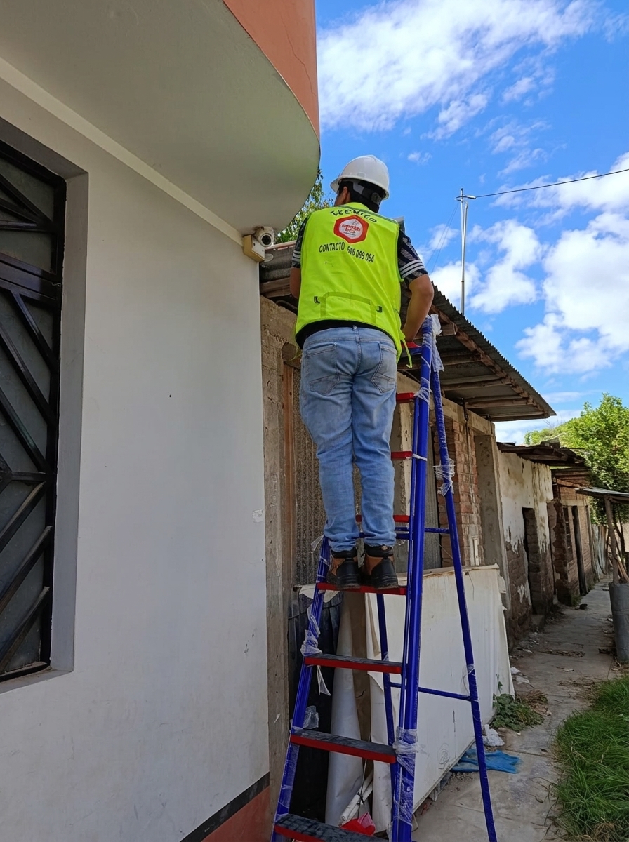 Técnico de Domo Tec instalando una cámara de seguridad en el exterior de una vivienda