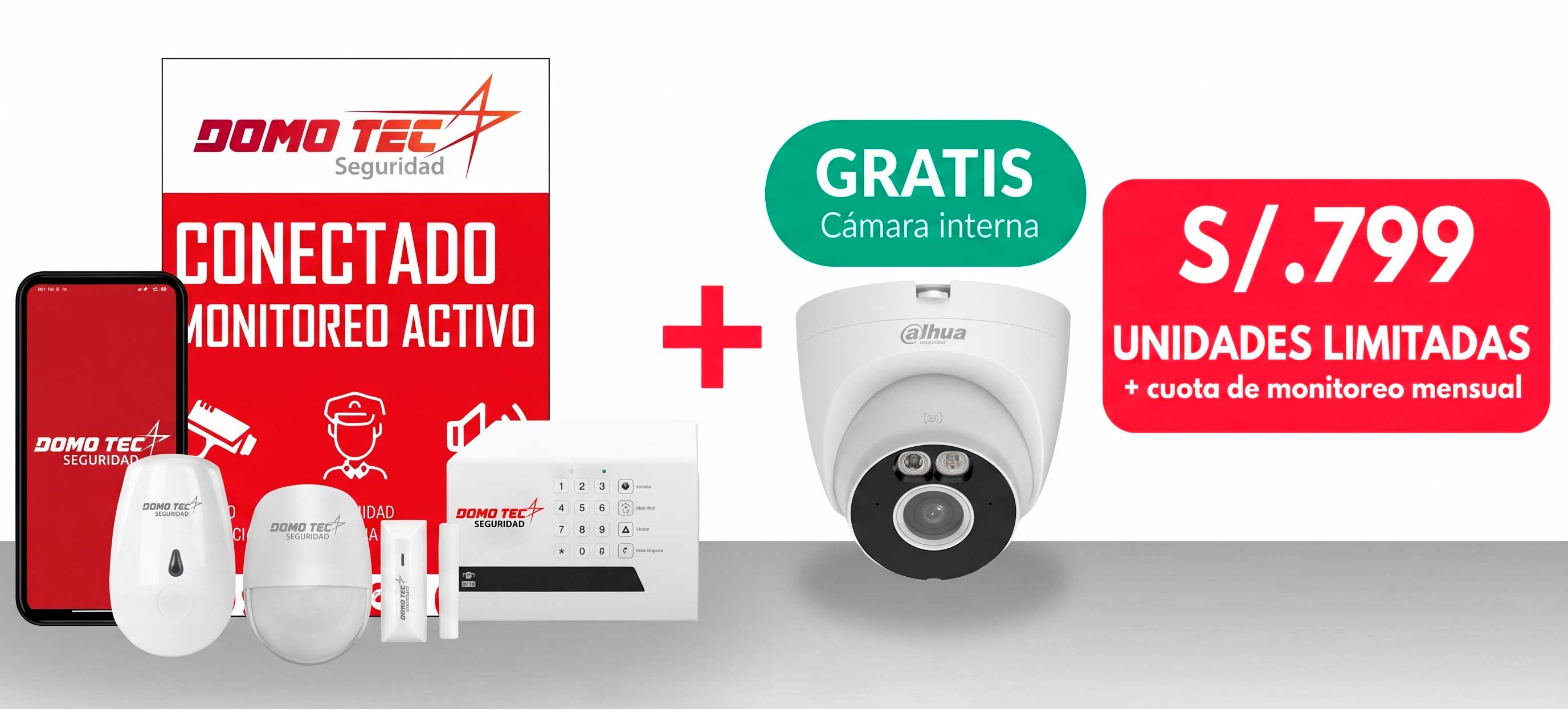 Kit de alarma conectada Domo Tec + cámara interna gratis, S/799